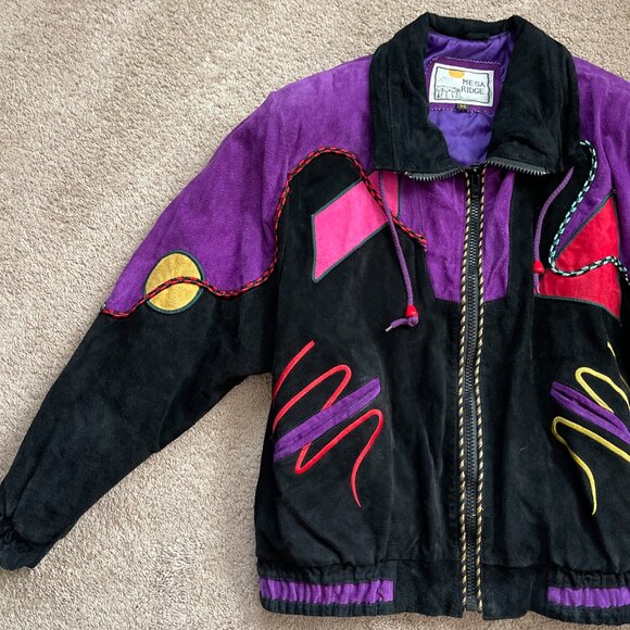 Mesa Ridge Suede Coat Womens M Purple Black Leather Southwestern Bomber Jacket - Picture 3 of 11